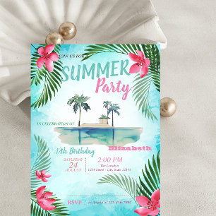 Palm Leaf,Tropical Flowers,Island  Birthday Party Invitation