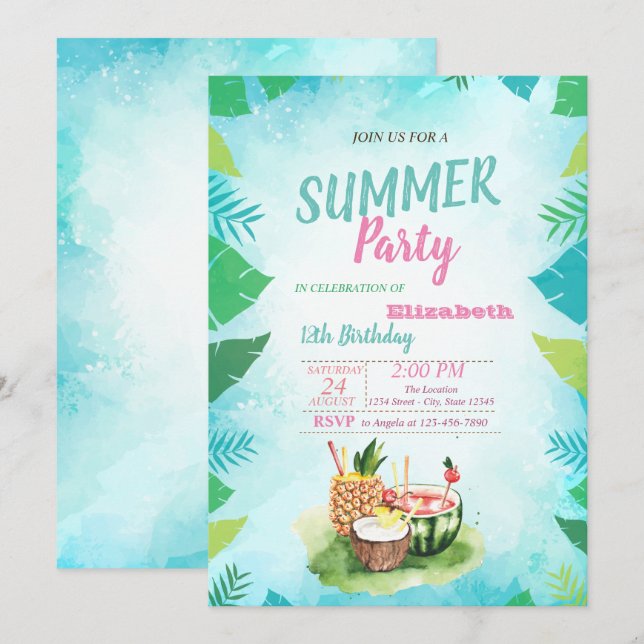 Palm Leaf,Tropical Fruits, Summer  Birthday Party Invitation (Front/Back)