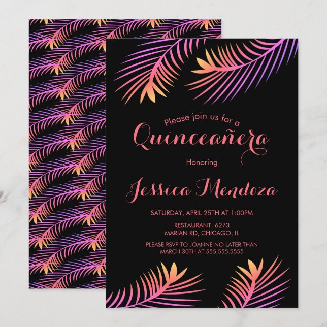 Palm Leaf Tropical Quinceañera Sweet 16 Invitation (Front/Back)