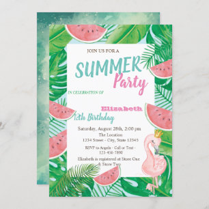 Palm Leaf Watermelon Pink Flamingo Birthday Party Invitation