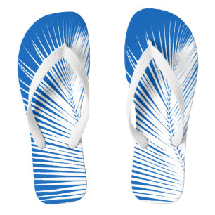 Palm leaf - white on cobalt blue flip flops