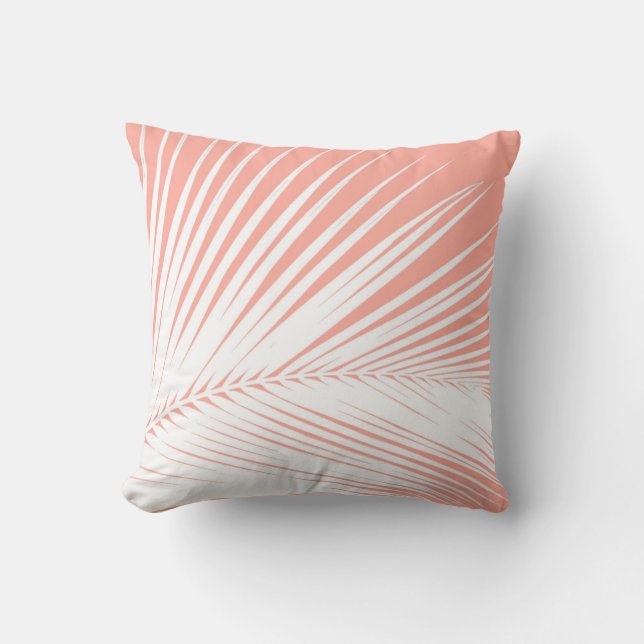Palm leaf - white on coral pink cushion (Front)