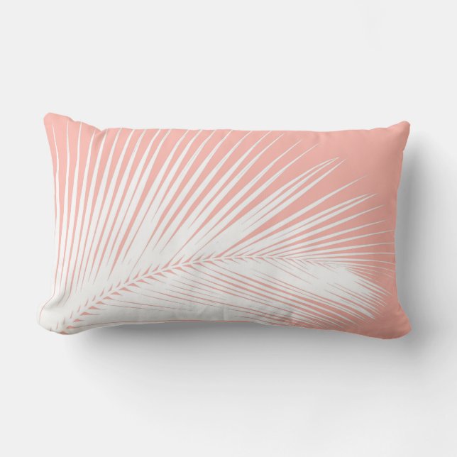Palm leaf - white on coral pink lumbar cushion (Front)