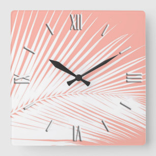 Palm leaf - white on coral pink square wall clock