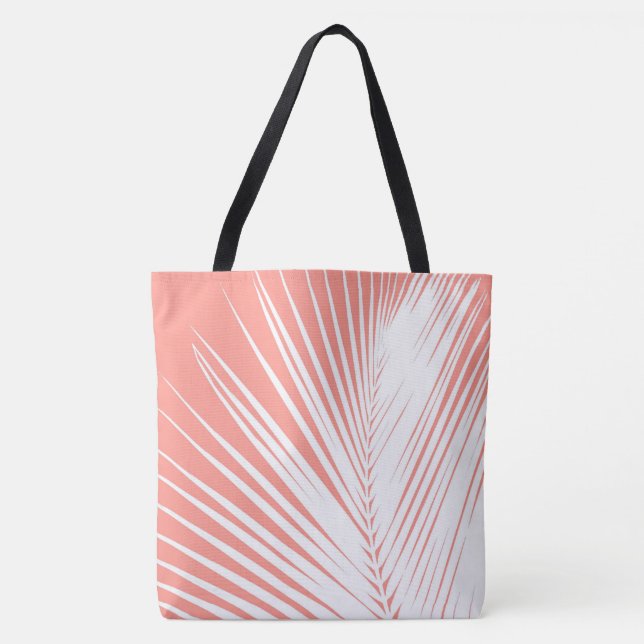 Palm leaf - white on coral pink tote bag (Front)