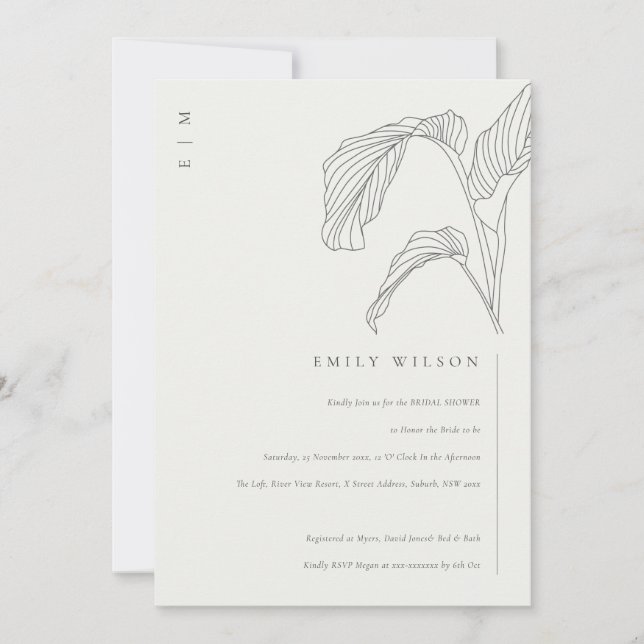 Palm Leafy Sketch Black White Bridal Shower Invite (Front)