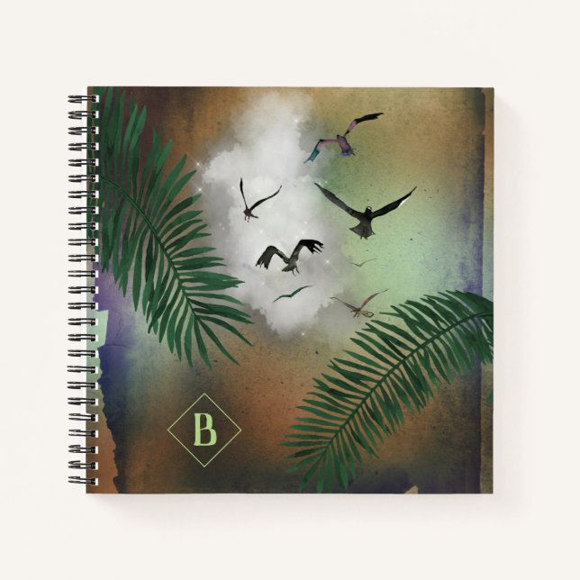 Palm Leaves and Seagulls on Rust and Green Grunge Notebook (Front)