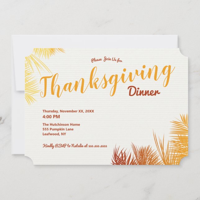 Palm Leaves Autumn ColorsThanksgiving Dinner Invitation (Front)