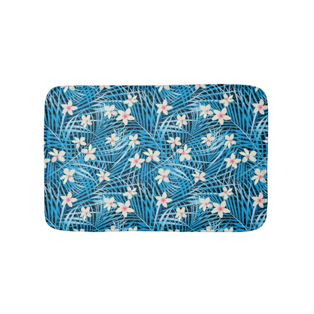 Palm Leaves Blue Pattern Bath Mat (Front)
