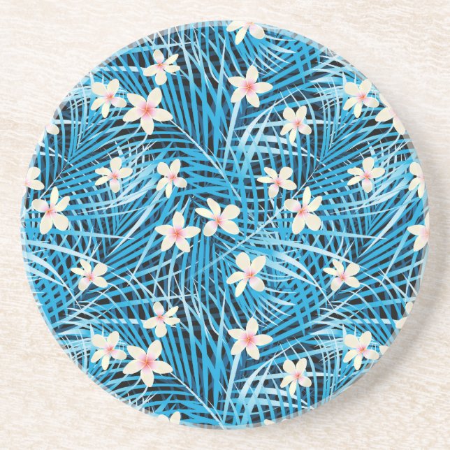 Palm Leaves Blue Pattern Coaster (Front)