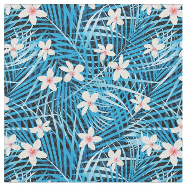 Palm Leaves Blue Pattern Fabric (Close Up)