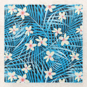 Palm Leaves Blue Pattern Glass Coaster