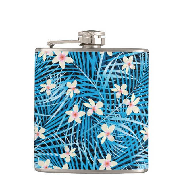 Palm Leaves Blue Pattern Hip Flask (Front)