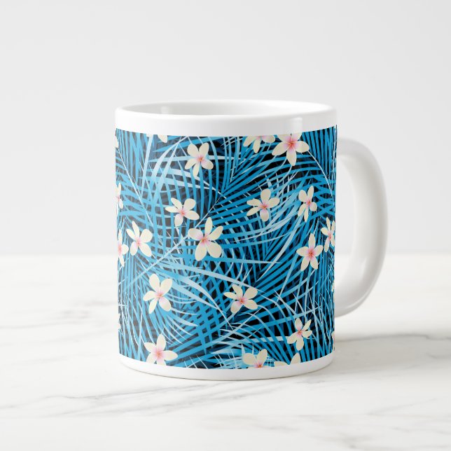 Palm Leaves Blue Pattern Large Coffee Mug (Front Right)