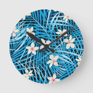 Palm Leaves Blue Pattern Round Clock