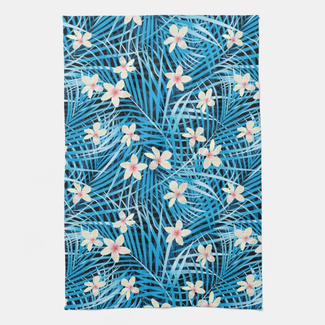 Palm Leaves Blue Pattern Tea Towel (Vertical)