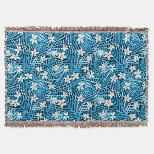 Palm Leaves Blue Pattern Throw Blanket (Front)