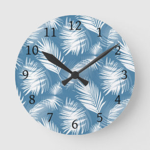 Palm Leaves Blue White Design 272 Round Clock