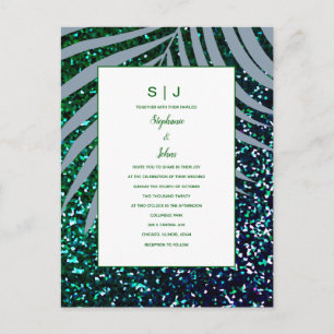 Palm Leaves Dusty Blue Green Glitter Wedding Invitation Postcard