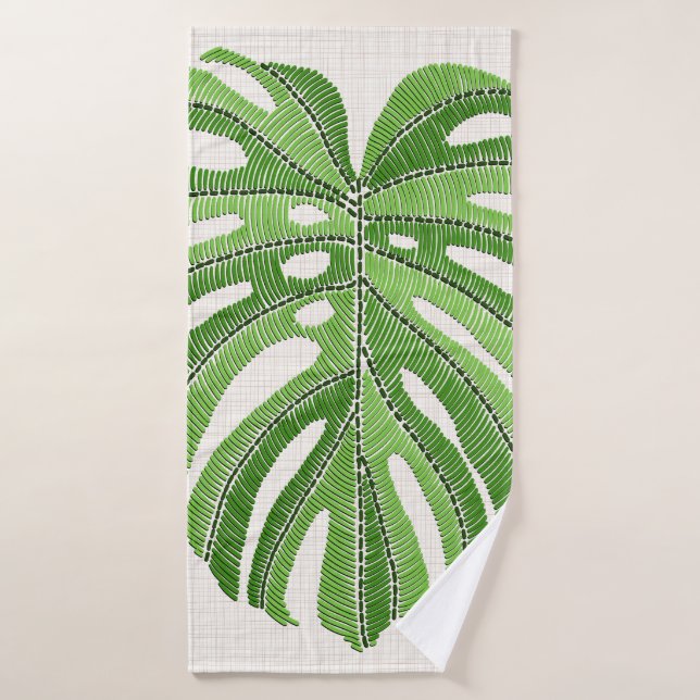 Palm leaves embroidered. Green Tropical Monstera l Bath Towel (Bath Towel)
