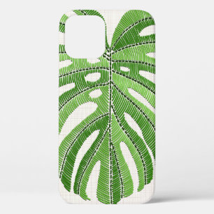 Palm leaves embroidered. Green Tropical Monstera l iPhone 12 Case