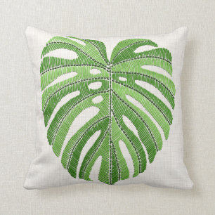 Palm leaves embroidered. Green Tropical Monstera l Cushion