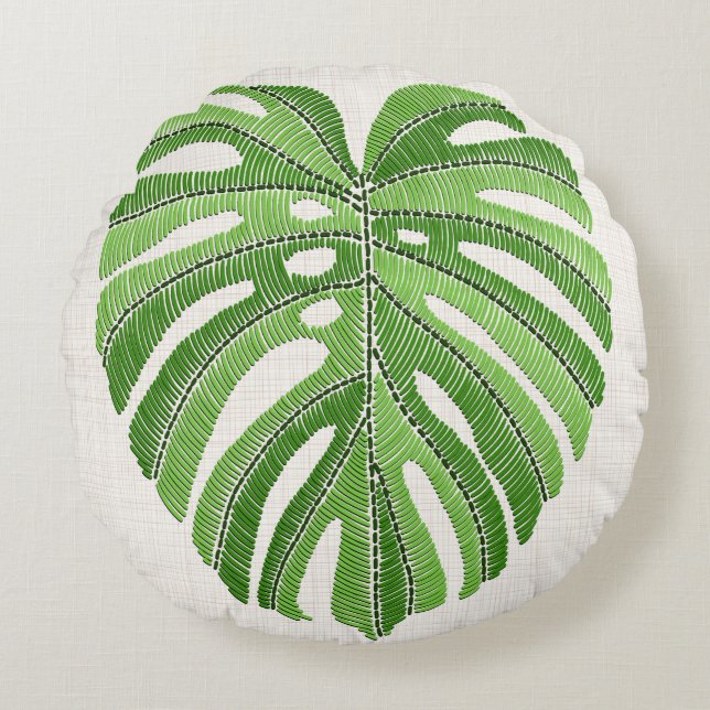 Palm leaves embroidered. Green Tropical Monstera l Round Cushion (Front)