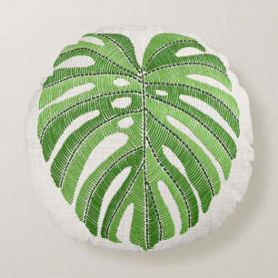 Palm leaves embroidered. Green Tropical Monstera l Round Cushion