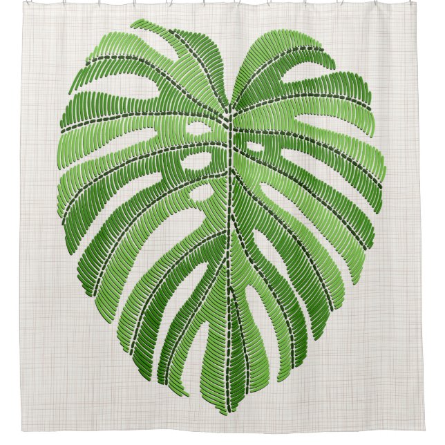 Palm leaves embroidered. Green Tropical Monstera l Shower Curtain (Front)