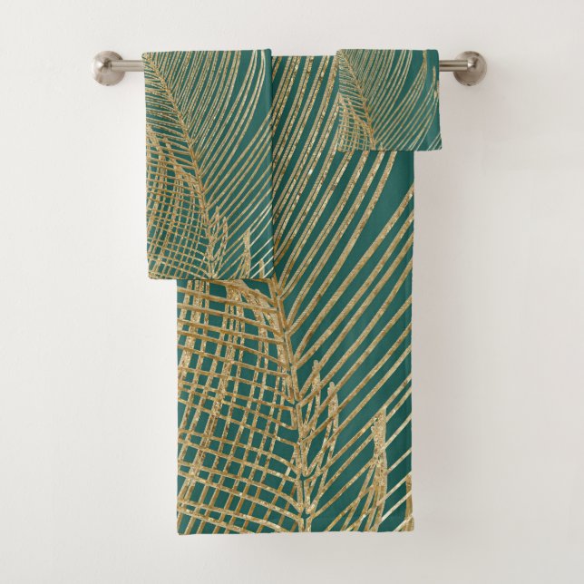 Palm Leaves Finesse Line Art with Gold Foil #4  Bath Towel Set (Insitu)