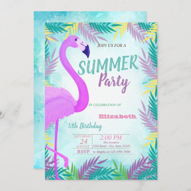 Palm Leaves, Flamingo, Summer  Birthday Party Invitation (Front/Back)