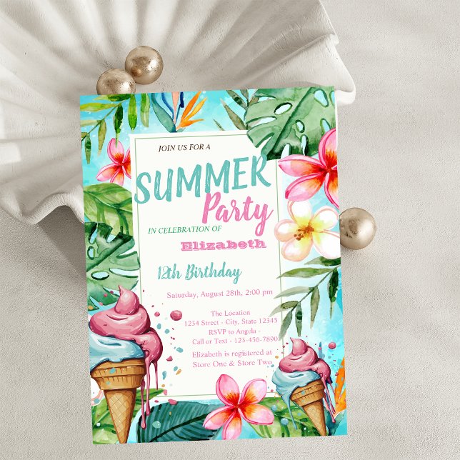 Palm Leaves Flowers,Ice cream Birthday Invitation (Creator Uploaded)