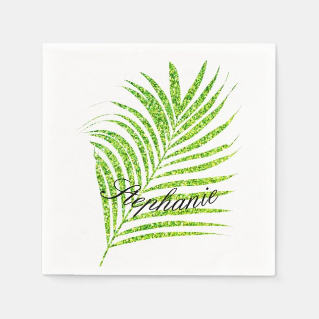 Palm Leaves Glittery Green Custom Name Cute Napkin (Front)