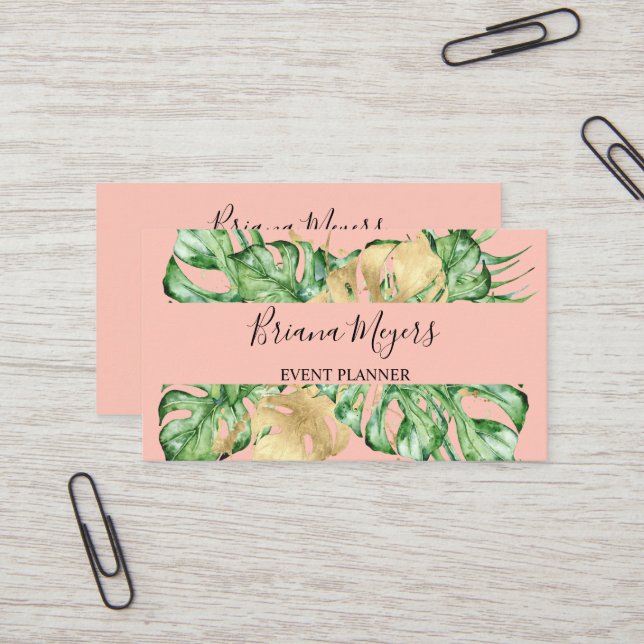 Palm Leaves Gold Tropic Peach Business Card (Front/Back In Situ)