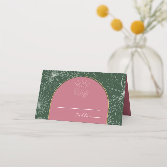 Palm Leaves & Green Beach Wedding Place Card (Front)