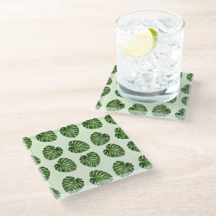 Palm Leaves, Green Leaves, Tropical Pattern Glass Coaster