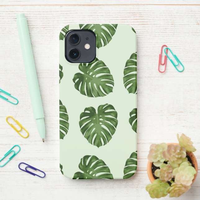 Palm Leaves, Green Leaves, Tropical Pattern iPhone Case (On Desk)