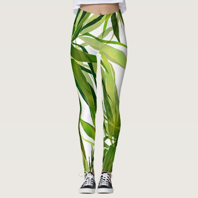 Palm Leaves Hand Painted Pattern Leggings (Front)