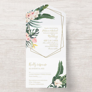 Palm Leaves Hibiscus Tropical Geometric Wedding All In One Invitation