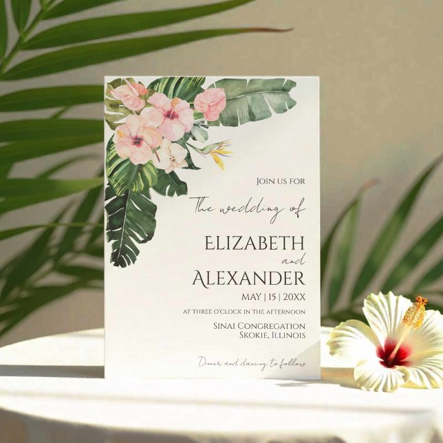 Palm Leaves Hibiscus Tropical Greenery Wedding Invitation (Creator Uploaded)