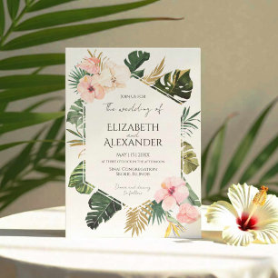Palm Leaves Hibiscus Tropical Greenery Wedding Invitation