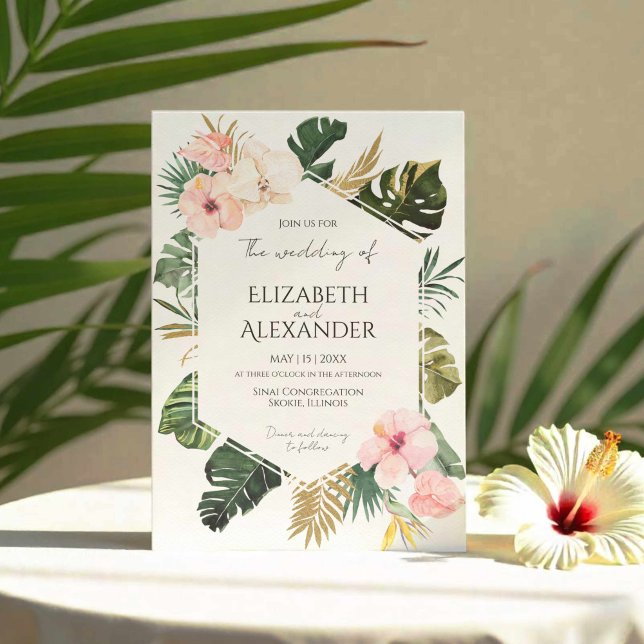 Palm Leaves Hibiscus Tropical Greenery Wedding Invitation (Creator Uploaded)