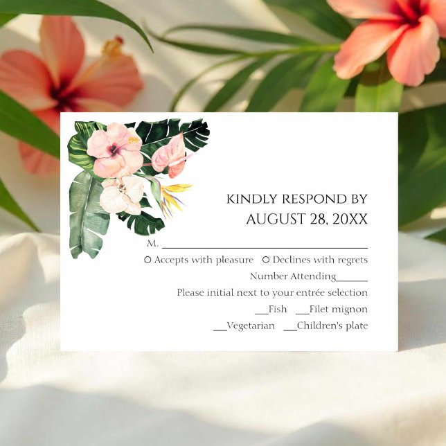 Palm Leaves Hibiscus Tropical Wedding RSVP Cards (Creator Uploaded)