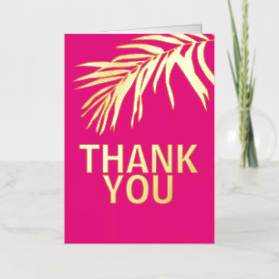 Palm Leaves Hot Pink Wedding Thank You Gold Foil Greeting Card