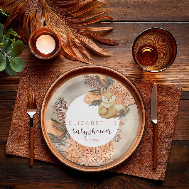 Palm Leaves Hydrangea Blooms Fox Girl Baby Shower  Paper Plate (Boho Palm Leaves and Hydrangeas Sleeping Fox Girl Baby Shower Paper Plates)