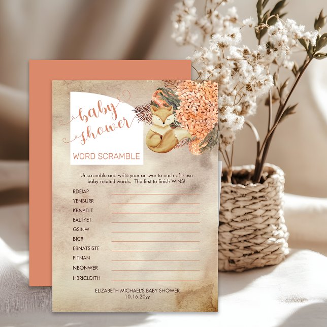 Palm Leaves | Hydrangeas Baby Shower Word Scramble Invitation (Boho Palm Leaves and Hydrangeas Sleeping Fox Baby Shower Word Scramble Game Sheet - Print | Download)
