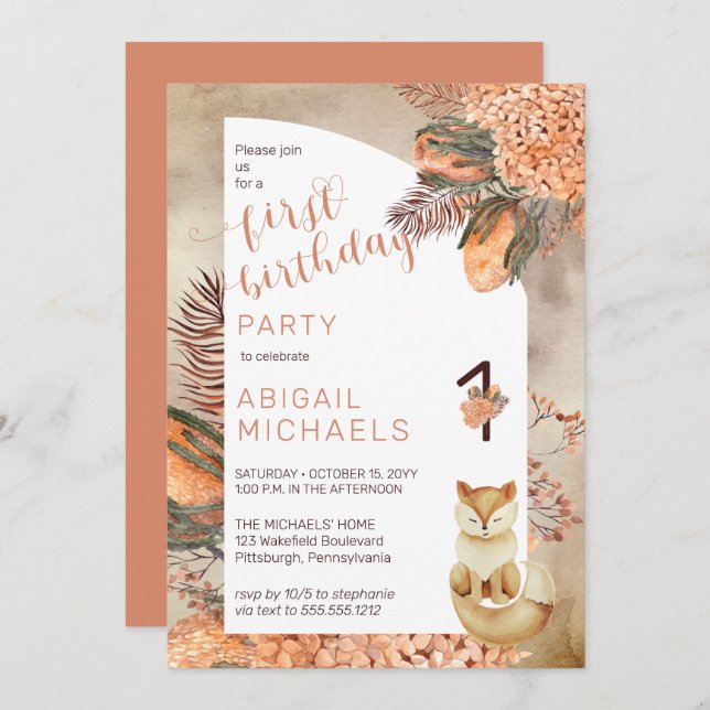 Palm Leaves | Hydrangeas Fox 1st Birthday Party In Invitation (Front/Back)