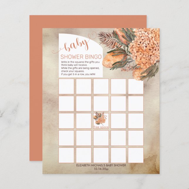 Palm Leaves Hydrangeas Girl Baby Shower Bingo Card (Front/Back)