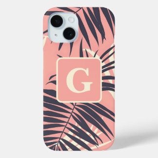 palm leaves light pink personalised monogram  iPhone 15 case