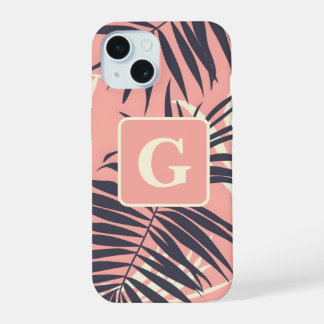 palm leaves light pink personalised monogram iPhone 15 case